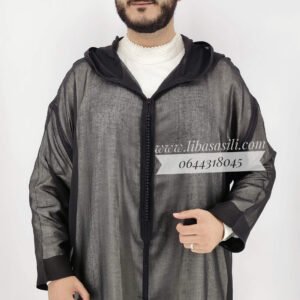 جلابة رجالية صيفية من قماش سوسدي أسود – خياطة يدوية فاسية أصيلة